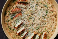 Garlic Parmesan Orzo with Pan-Seared Paprika Tofu