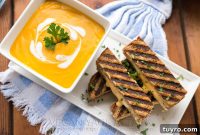 Roasted Butternut Garlic Bisque with Grilled Three-Cheese Sandwich Sticks
