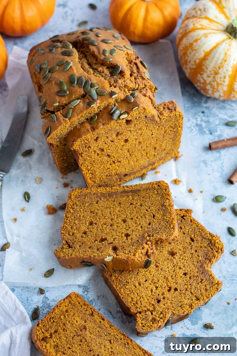 Moist Spiced Vegan Pumpkin Bread Recipe 3 Sliced pumpkin bread loaf on a blue background with mini pumpkins.