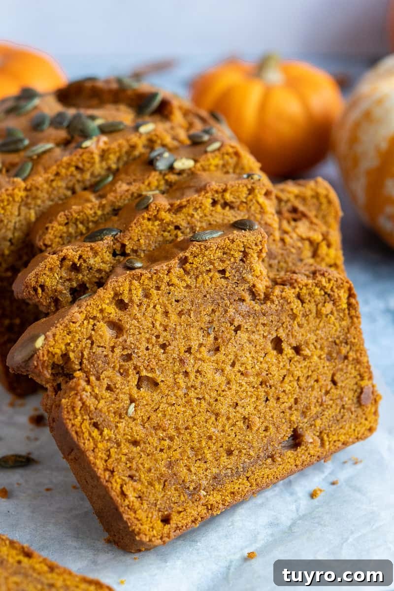 Vegan pumpkin bread - spiced pumpkin loaf close up of slices of vegan pumpkin loaf cake
