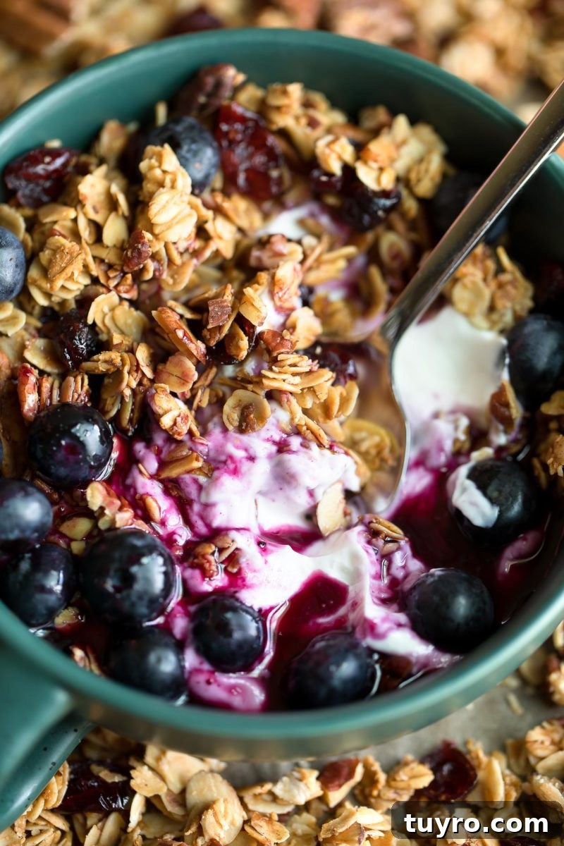 Maple Pecan Granola Recipe with Crunchy Clusters and Toasted Nuts 3 Maple Pecan Granola with blueberries and berry syrup