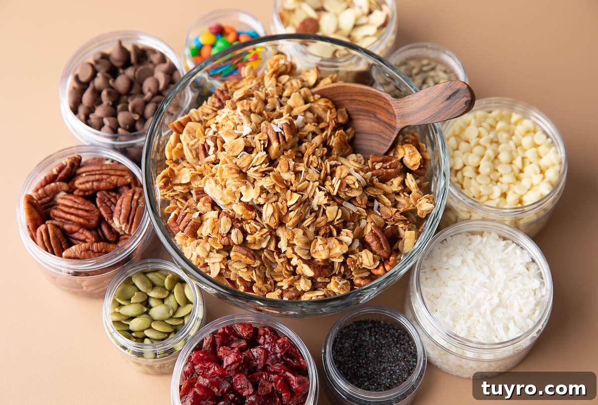 Maple Pecan Granola Recipe with Crunchy Clusters and Toasted Nuts 7 homemade granola with toppings and mix ins like nuts, coconut, chocolate chips, dried fruit, and seeds