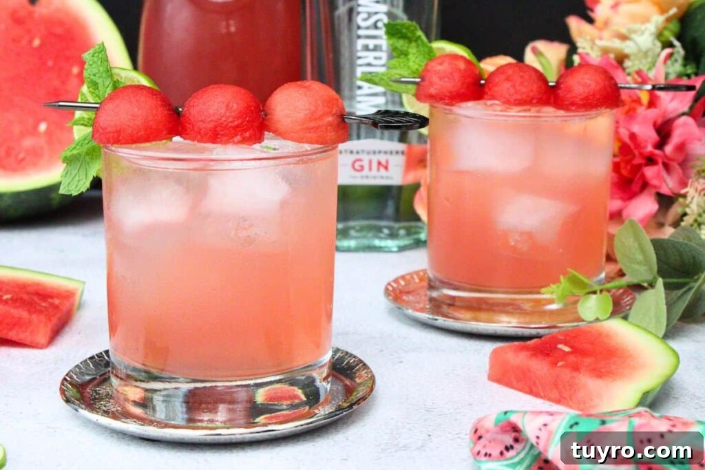 Watermelon Gin Fizz: 3-Ingredient Summer Cocktail Recipe 3 two watermelon gin fizz cocktails with a skewer of melon balls on top and fresh summer garnishes
