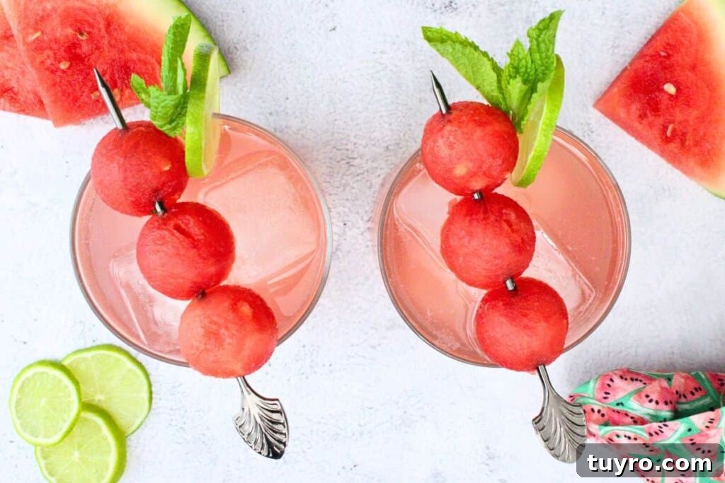 Watermelon Gin Fizz: 3-Ingredient Summer Cocktail Recipe 8 overhead view of two watermelon gin fizz drinks with three melon ball skewer, mint, and fresh lime
