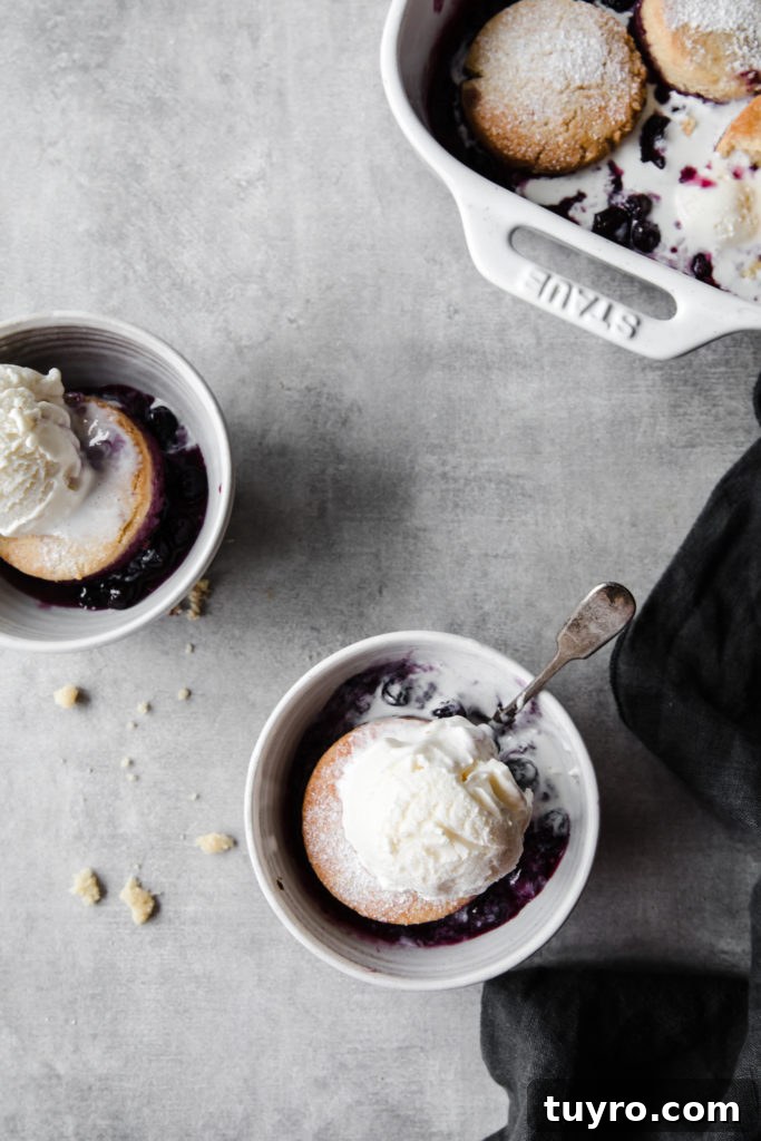 Keto Blueberry Cobbler Recipe: Low-Carb Dessert 6 overhead white bowls with keto blueberry cobbler