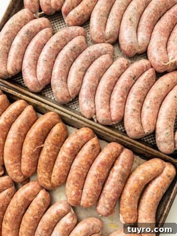 Homemade sausage on baking trays.