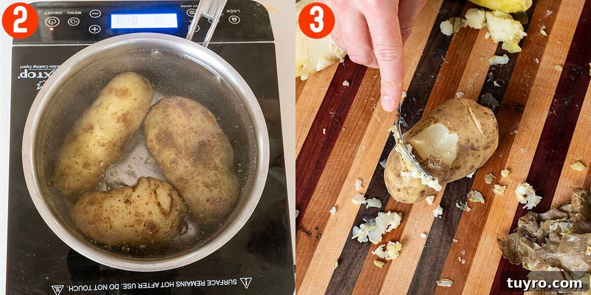 Boiling potatoes until tender and peeling.