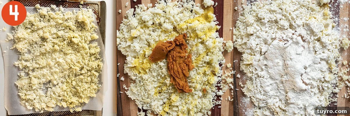 Ricing potatoes and combining with egg yolk, pumpkin, and flour.