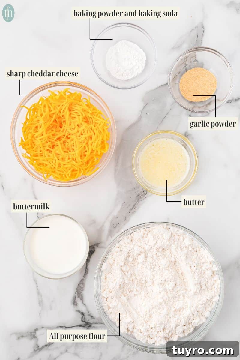 Copycat Cheddar Bay Biscuits Recipe 3 ingredient image for this recipe: baking powder and baking soda, sharp cheddar cheese, garlic powder, buttermilk, butter and all purpose flour.