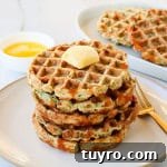 Broccoli cheese waffles stacked on a plate topped with a knob of butter.