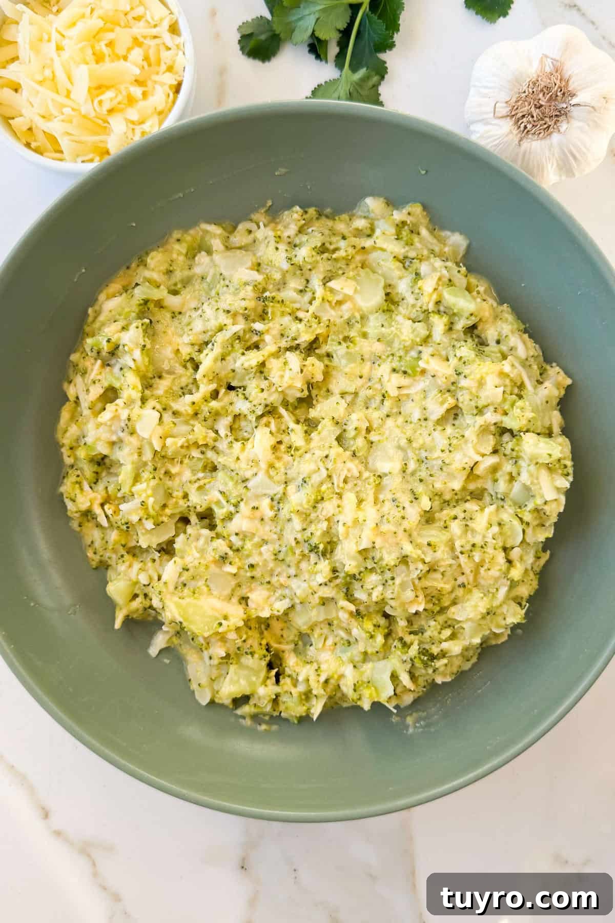 Broccoli Cheddar Waffles Recipe 6 Waffle batter in a bowl.