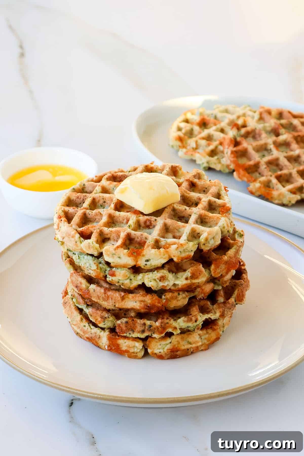 Broccoli Cheddar Waffles Recipe 10 Side shot of waffles.