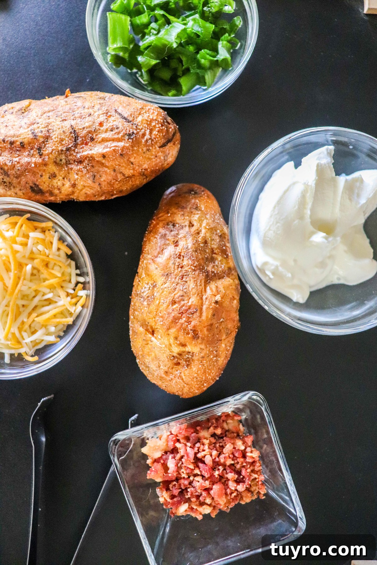 Crispy Air Fryer Baked Potatoes in 30 Minutes 2 Air Fryer Baked Potatoes Overhead with ingredients surrounding the finished potatoes