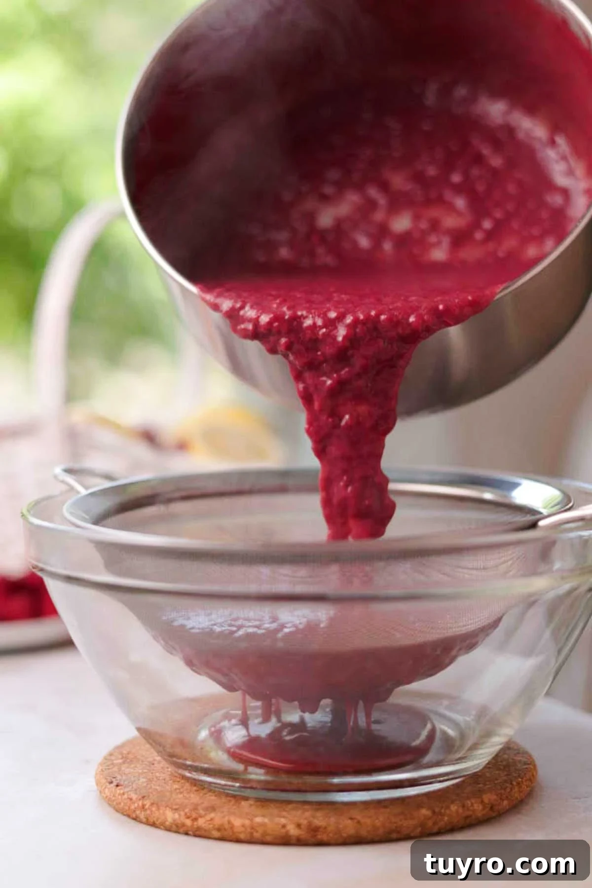 Raspberry Tiramisu Recipe: Light, Creamy Berry Dessert 6 straining raspberry curd through a sieve