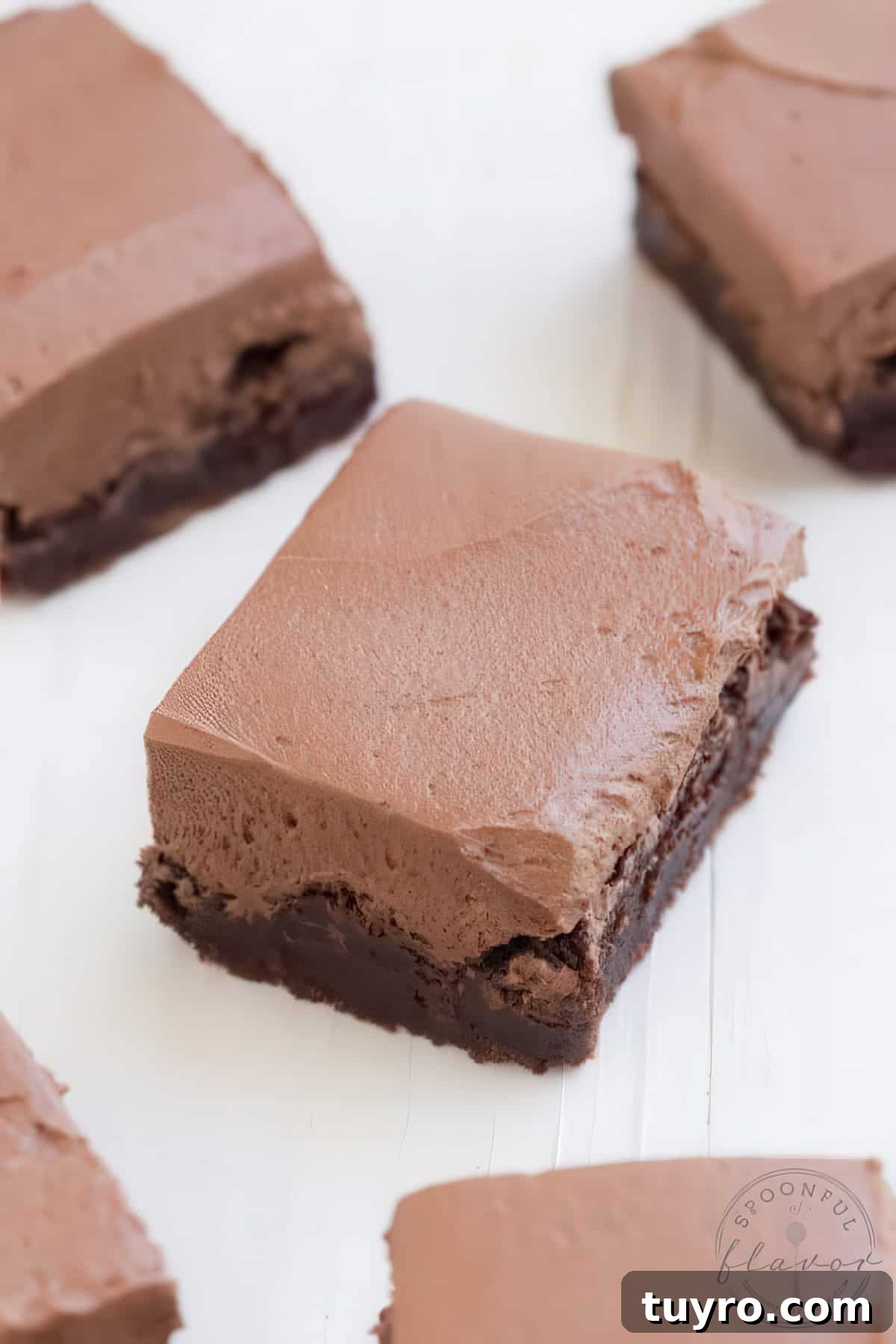 Flourless Mexican Chocolate Brownies with Cinnamon and Chili 2 A brownie with chocolate frosting sitting on a white countertop.