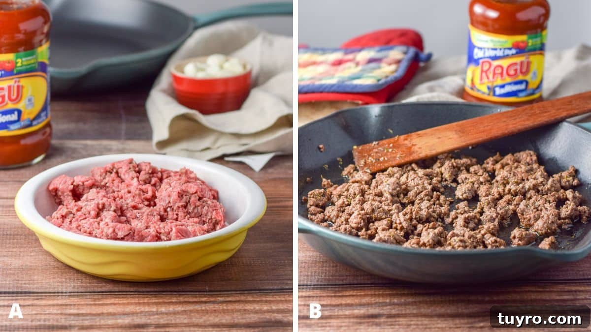 Savory Sauced Beef Bites: Perfect Party Appetizer Recipe 3 Left - Ground beef, jar of red sauce and mozzarella pearls along with a sauté pan in the background. Right - Cooked ground beef in a sauté pan with a jar of red sauce in the background