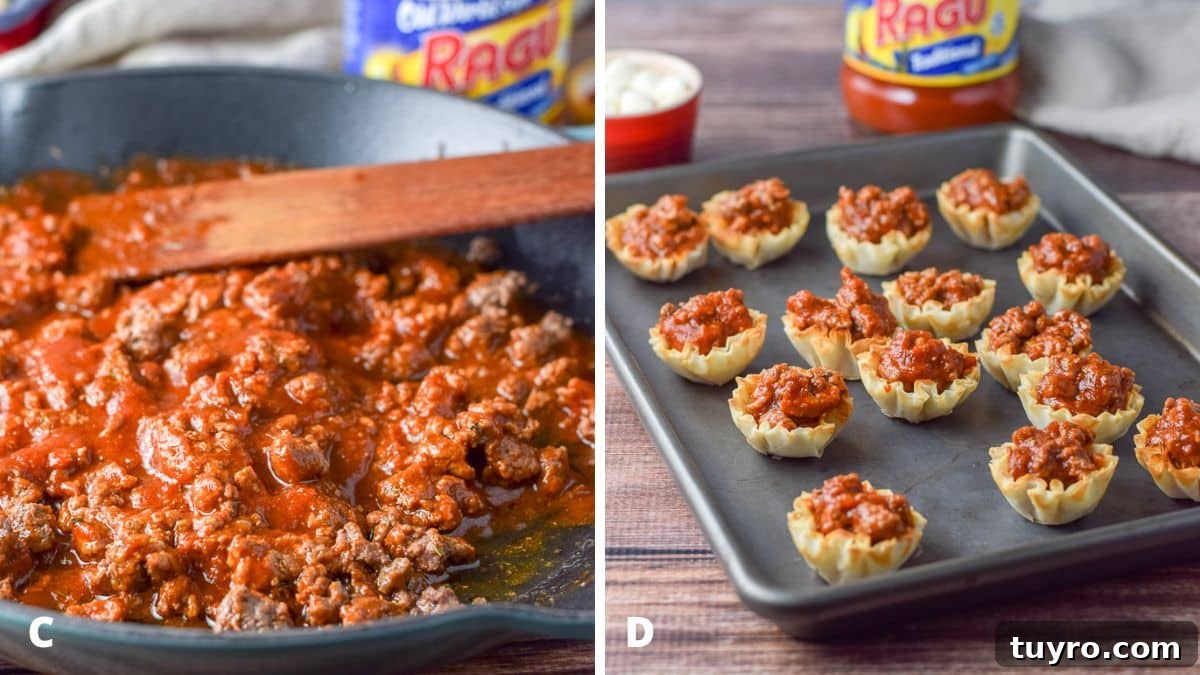 Savory Sauced Beef Bites: Perfect Party Appetizer Recipe 4 Left - The red sauce mixed in with the pan of ground beef. Right - A pan of little phyllo cups filled with red sauce and beef with the jar of sauce