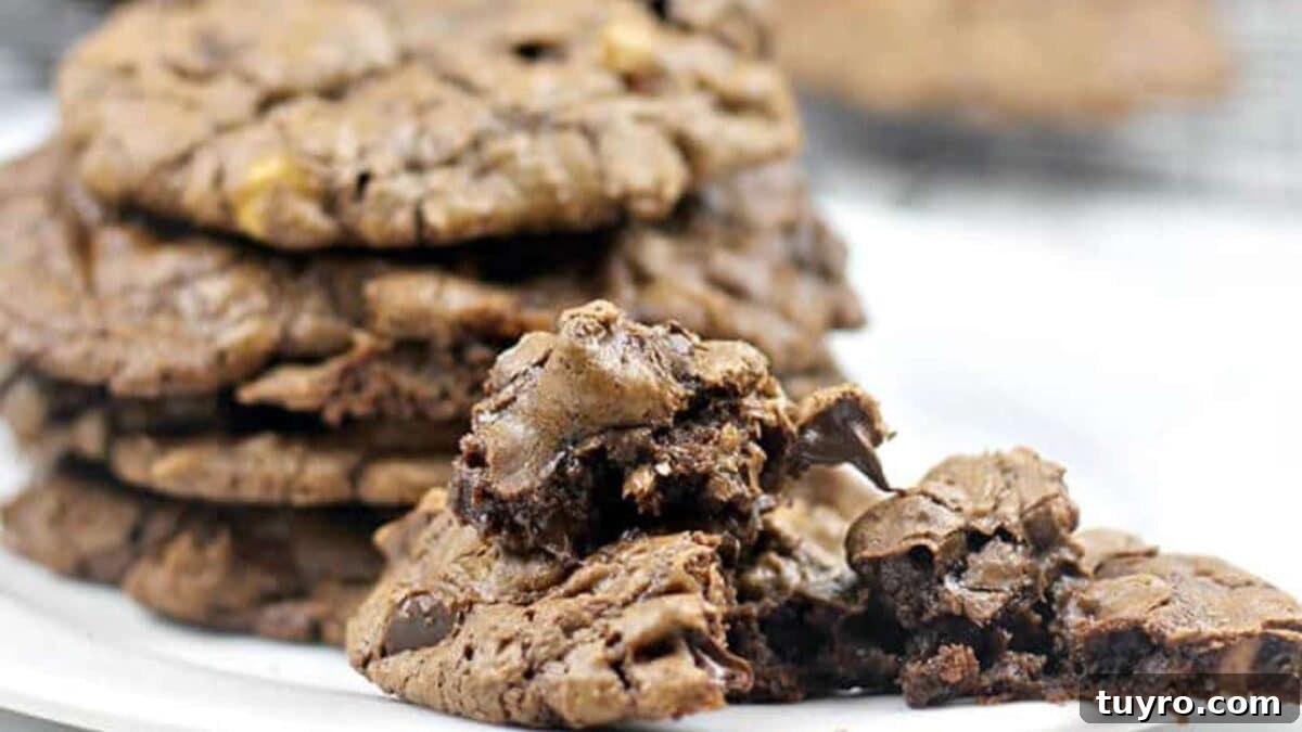 10 Chocolate Peanut Butter Recipes to Satisfy Every Craving 2 A stack of chocolate peanut butter chip cookies on a plate, with one cookie broken to show the interior.