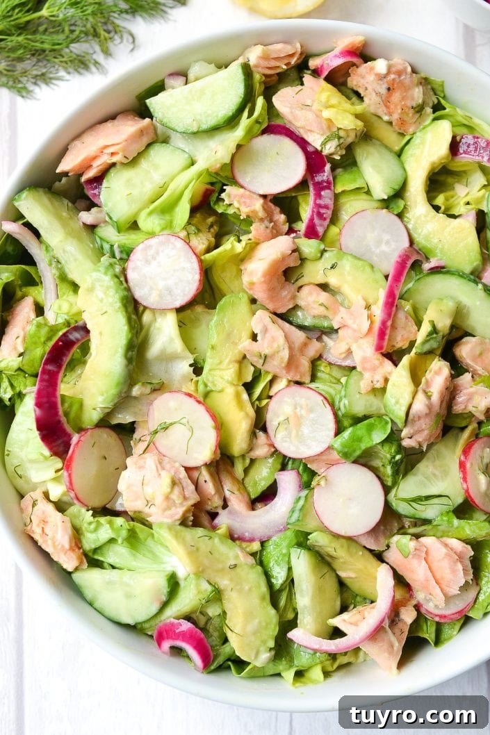 Salmon & Avocado Salad with Creamy Dill Dressing | Every Last Bite Salmon & Avocado Salad with Creamy Dill Dressing