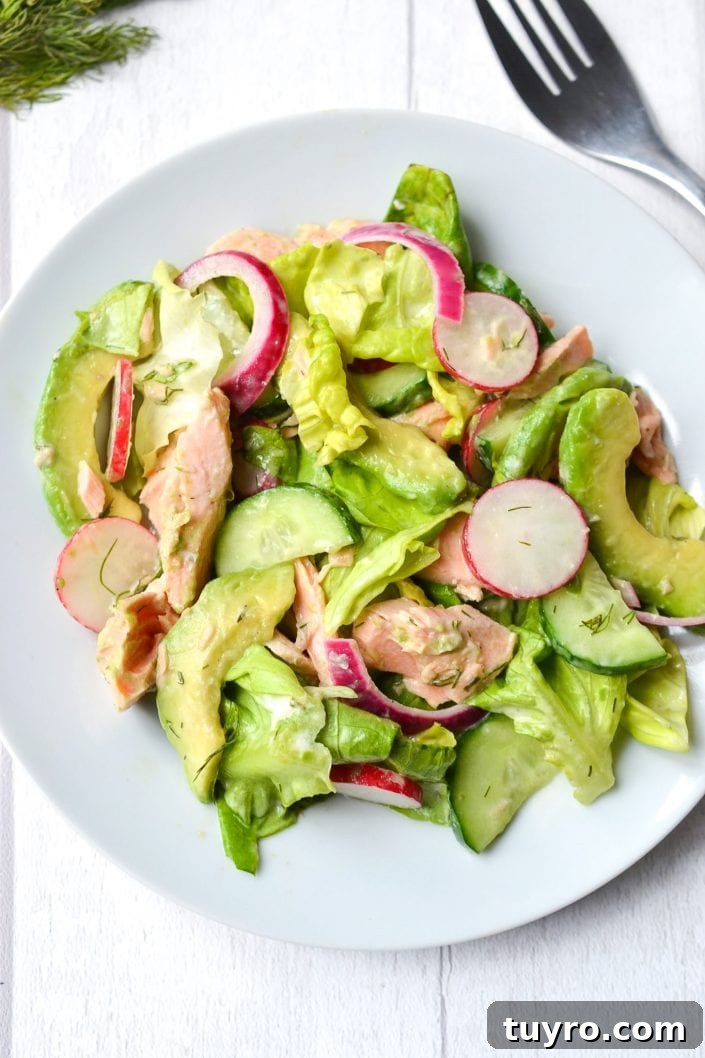 Salmon & Avocado Salad with Creamy Dill Dressing | Every Last Bite Salmon & Avocado Salad with Creamy Dill Dressing