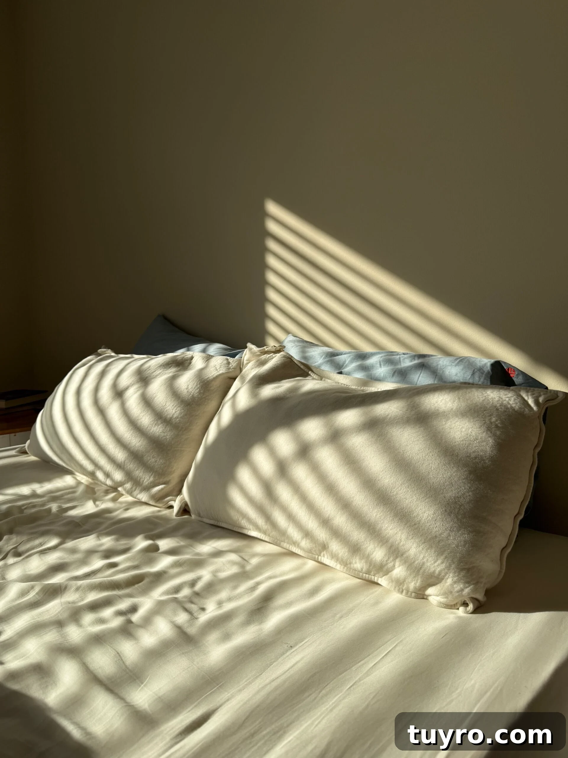 Two organic cotton pillows with natural-colored covers on a bed with sunlight streaming through window blinds