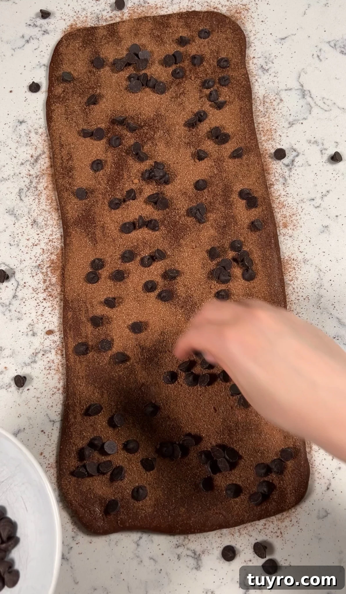 Chocolate Swirl Bread Recipe — Soft Homemade Choco Loaf 19 Adding chocolate chips to the dough.