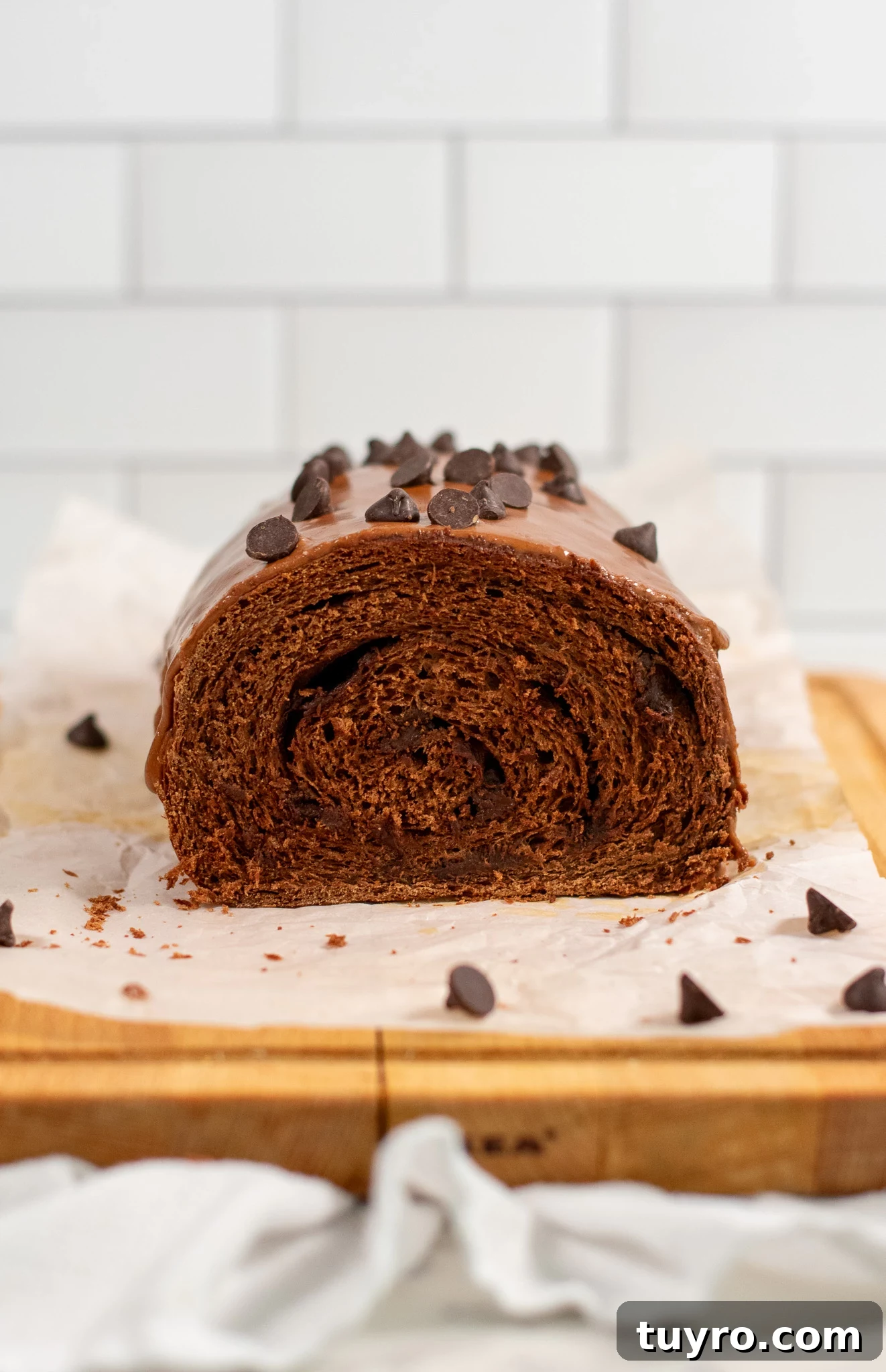 Chocolate Swirl Bread Recipe — Soft Homemade Choco Loaf 3 A cross section of a chocolate swirl loaf.