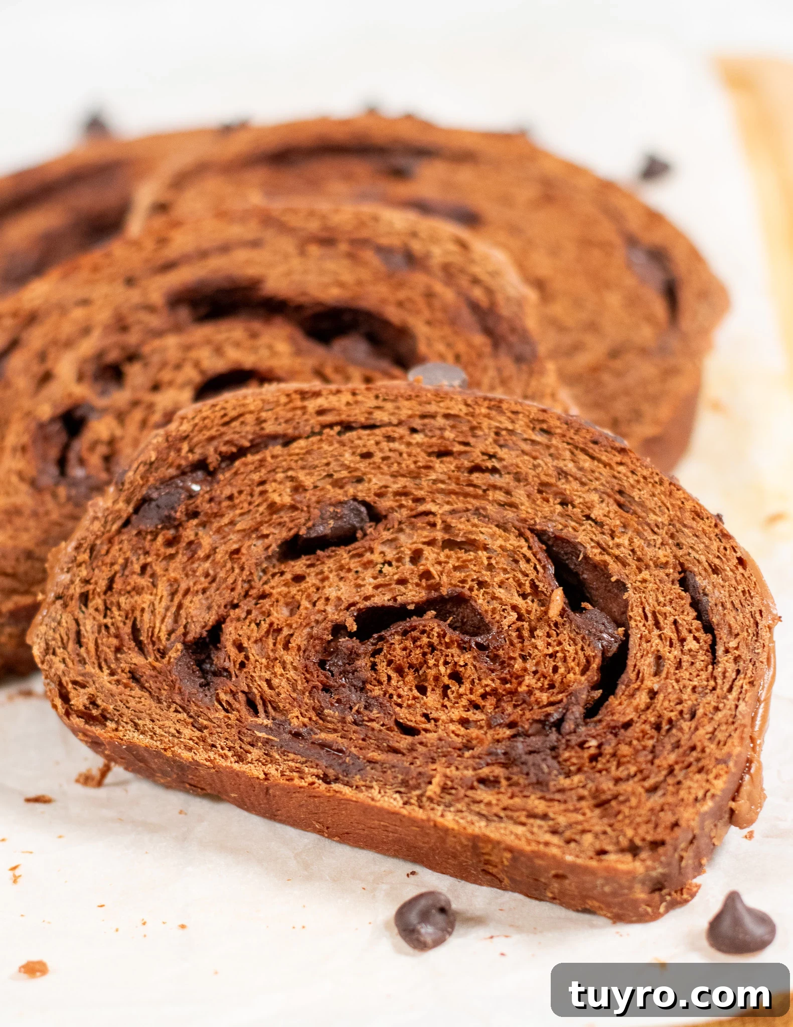 Chocolate Swirl Bread Recipe — Soft Homemade Choco Loaf 5 Slices of chocolate swirl bread.