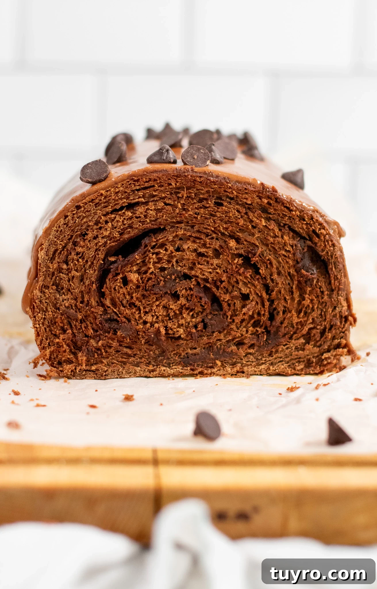 Chocolate Swirl Bread Recipe — Soft Homemade Choco Loaf 7 A cross section of a chocolate swirl loaf.