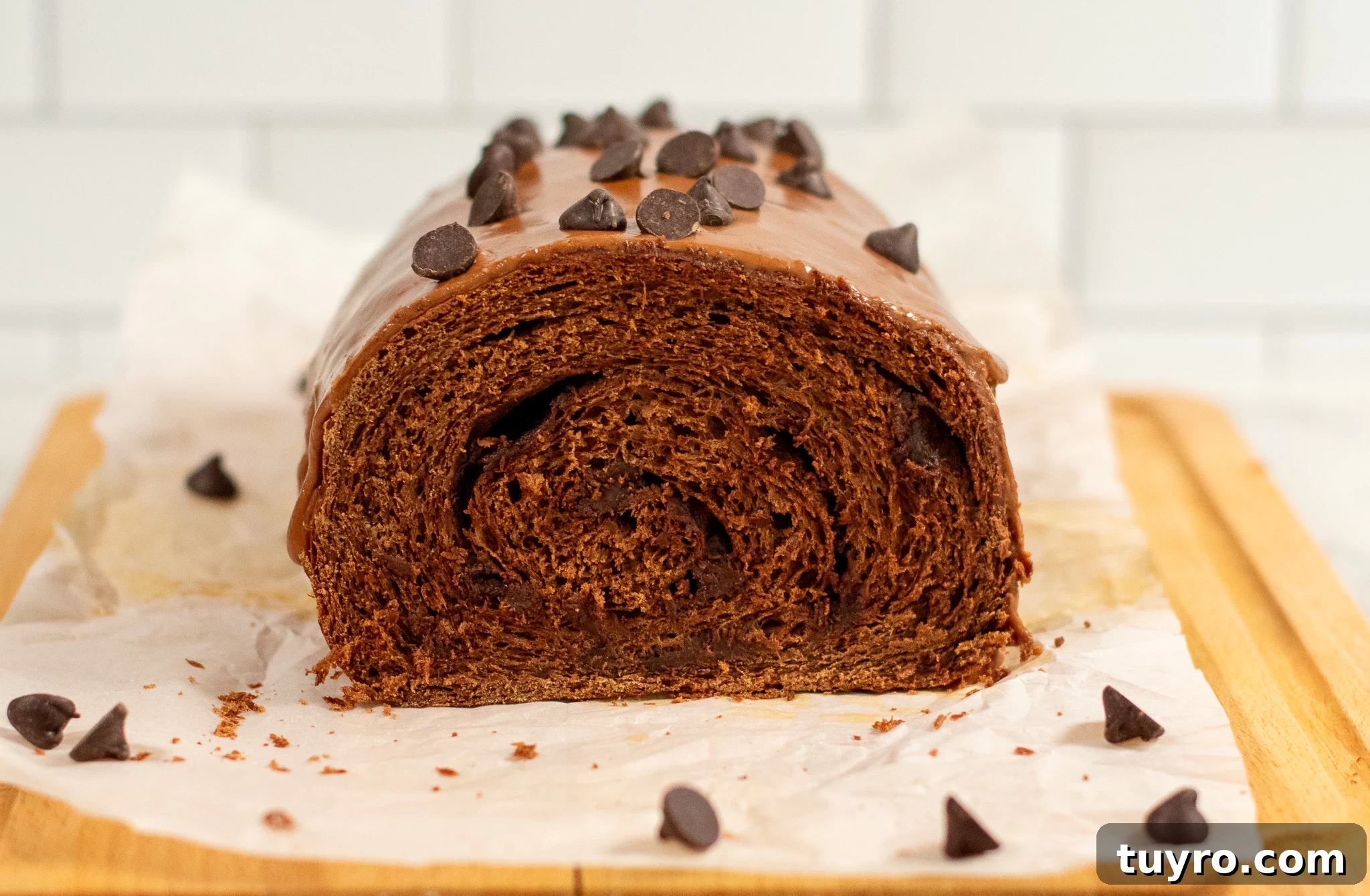 Chocolate Swirl Bread Recipe — Soft Homemade Choco Loaf 10 A cross section of a chocolate swirl loaf.