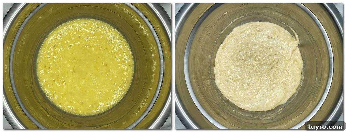 Sugar-Free Banana Bread Made with Natural Ingredients 4 Photo 1: Egg and oil mixture in a bowl Photo 2: Ready batter in a bowl