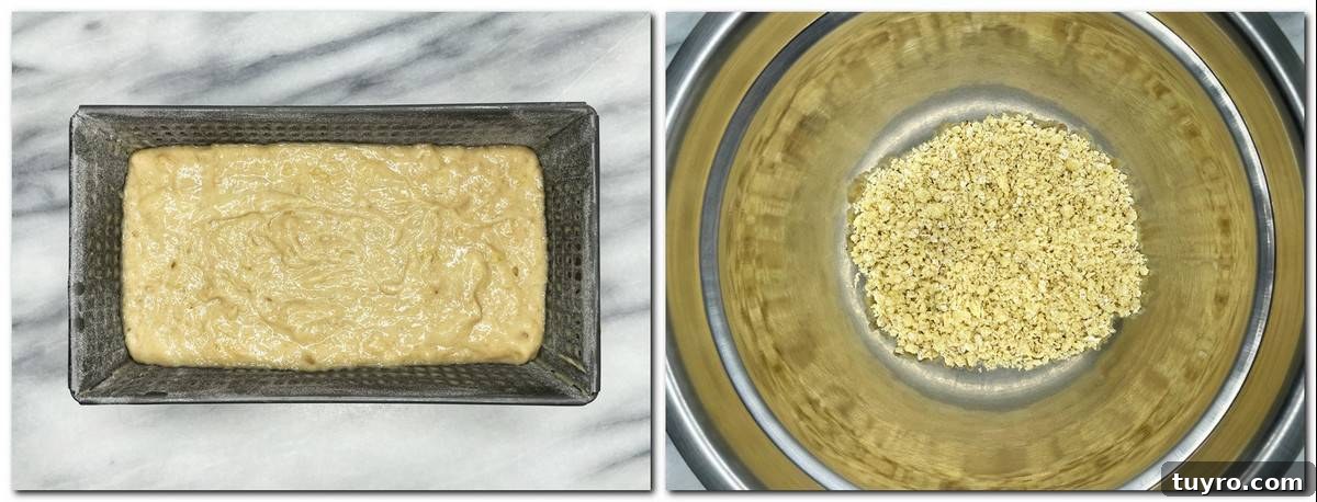 Sugar-Free Banana Bread Made with Natural Ingredients 5 Photo 3: Bread batter in a tin Photo 4: Crumble topping in a bowl