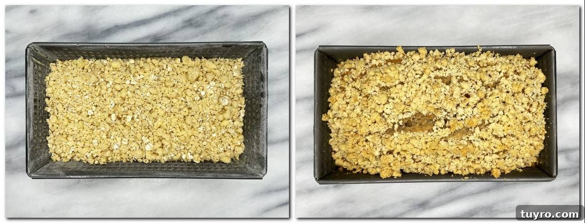 Sugar-Free Banana Bread Made with Natural Ingredients 6 Photo 5: Streusel on top of the batter Photo 6: Baked banana bread in a pan