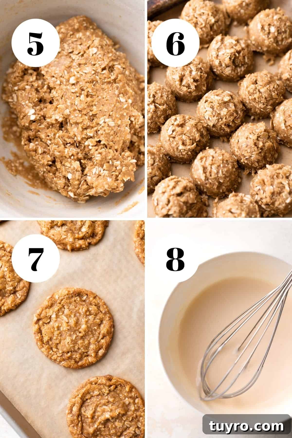 Soft Iced Oatmeal Cookies Recipe with Chewy Texture and Vanilla Glaze 5 a process collage of the steps for making soft oatmeal cookie dough.