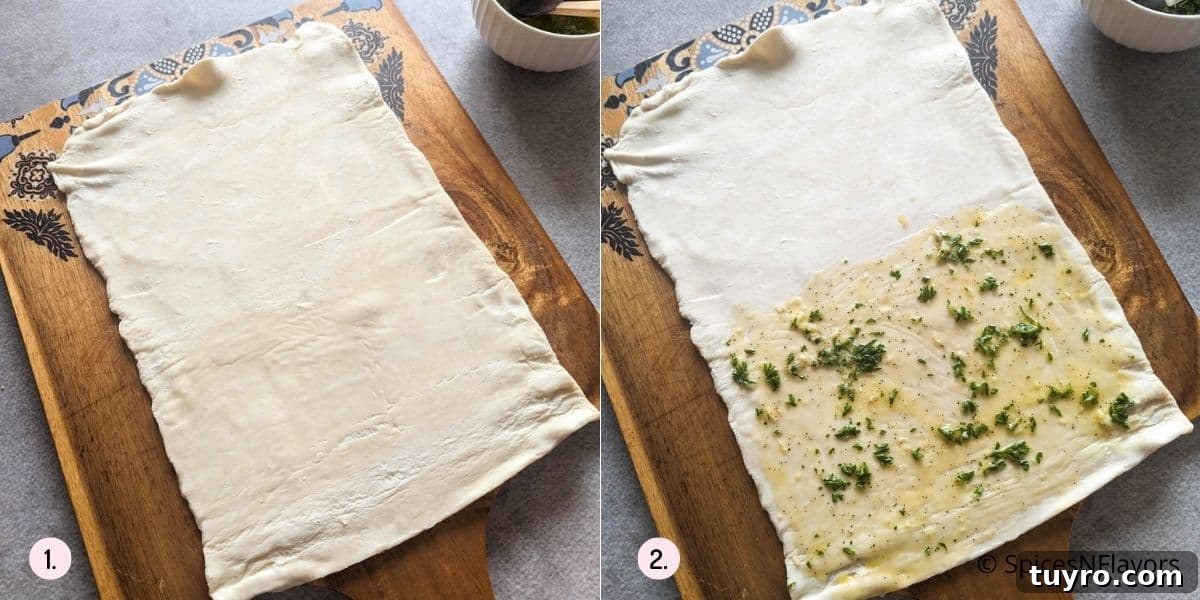 Cheesy Garlic Puff Pastry Twists Recipe for Savory Snacks 4 roll the puff pastry and apply garlic butter