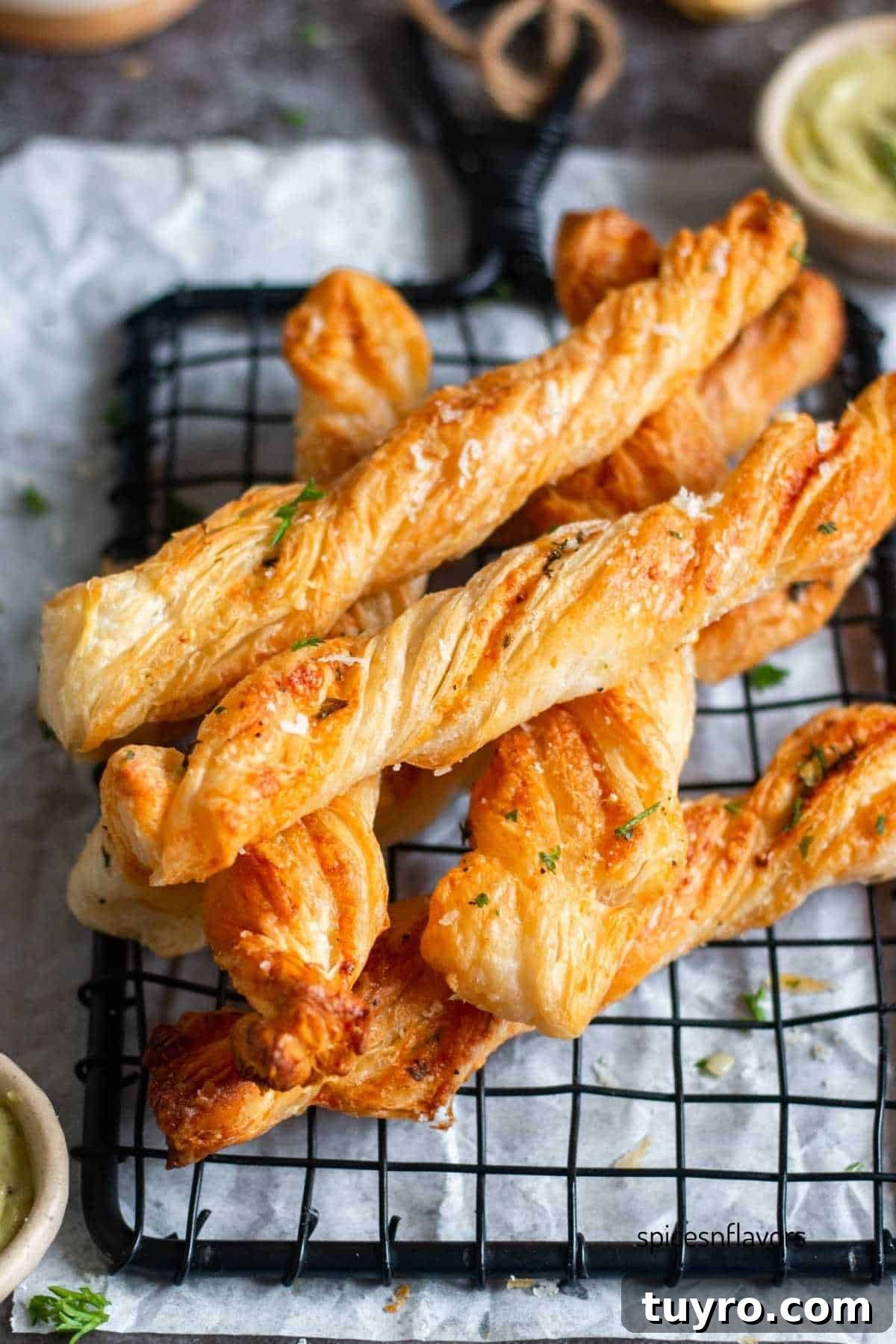 Cheesy Garlic Puff Pastry Twists Recipe for Savory Snacks 8 baked puff pastry garlic sticks stacked on top of each other