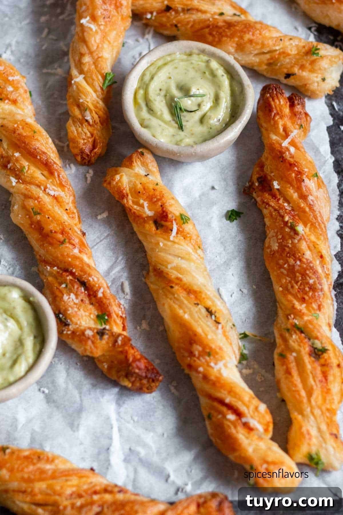 Cheesy Garlic Puff Pastry Twists Recipe for Savory Snacks 9 garlic puff pastry twists placed on baking tray