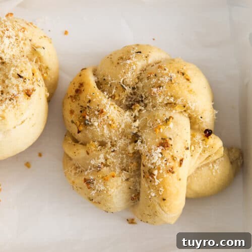 Homemade Parmesan Garlic Knots Recipe 9 Parmesan garlic knots in a pan.