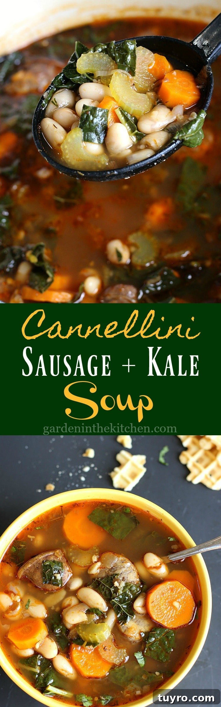 One-Pot Cannellini Bean, Sausage and Kale Soup 6 Cannellini Sausage Kale Soup and a black ladle.
