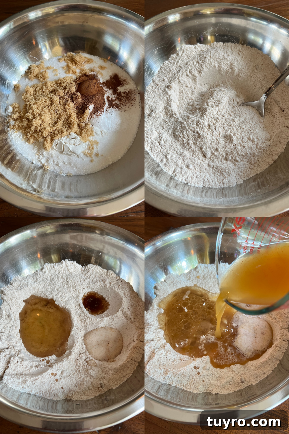 Apple Cider Crazy Cake — Vegan, Dairy-Free, No Eggs or Butter 4 This is a 4 photo collage showing the batter being made in a large bowl.