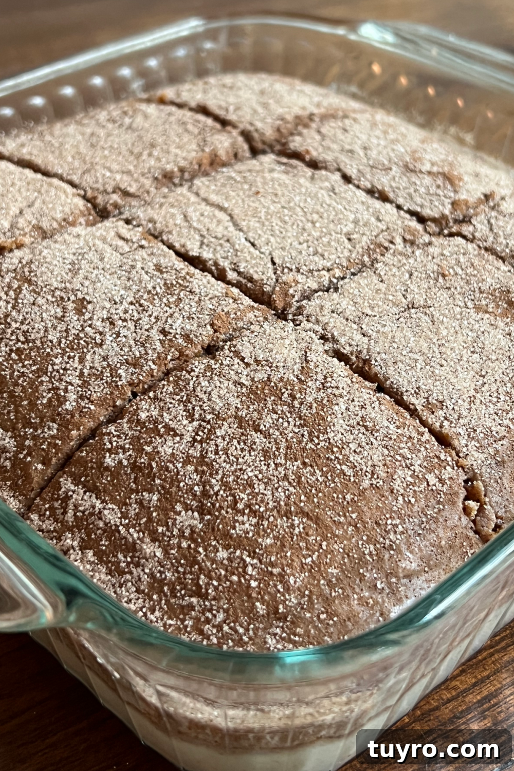 Apple Cider Crazy Cake — Vegan, Dairy-Free, No Eggs or Butter 7 This shows the cake after baking in the clear glass baking pan, cut into 9 equal square pieces, ready to serve.