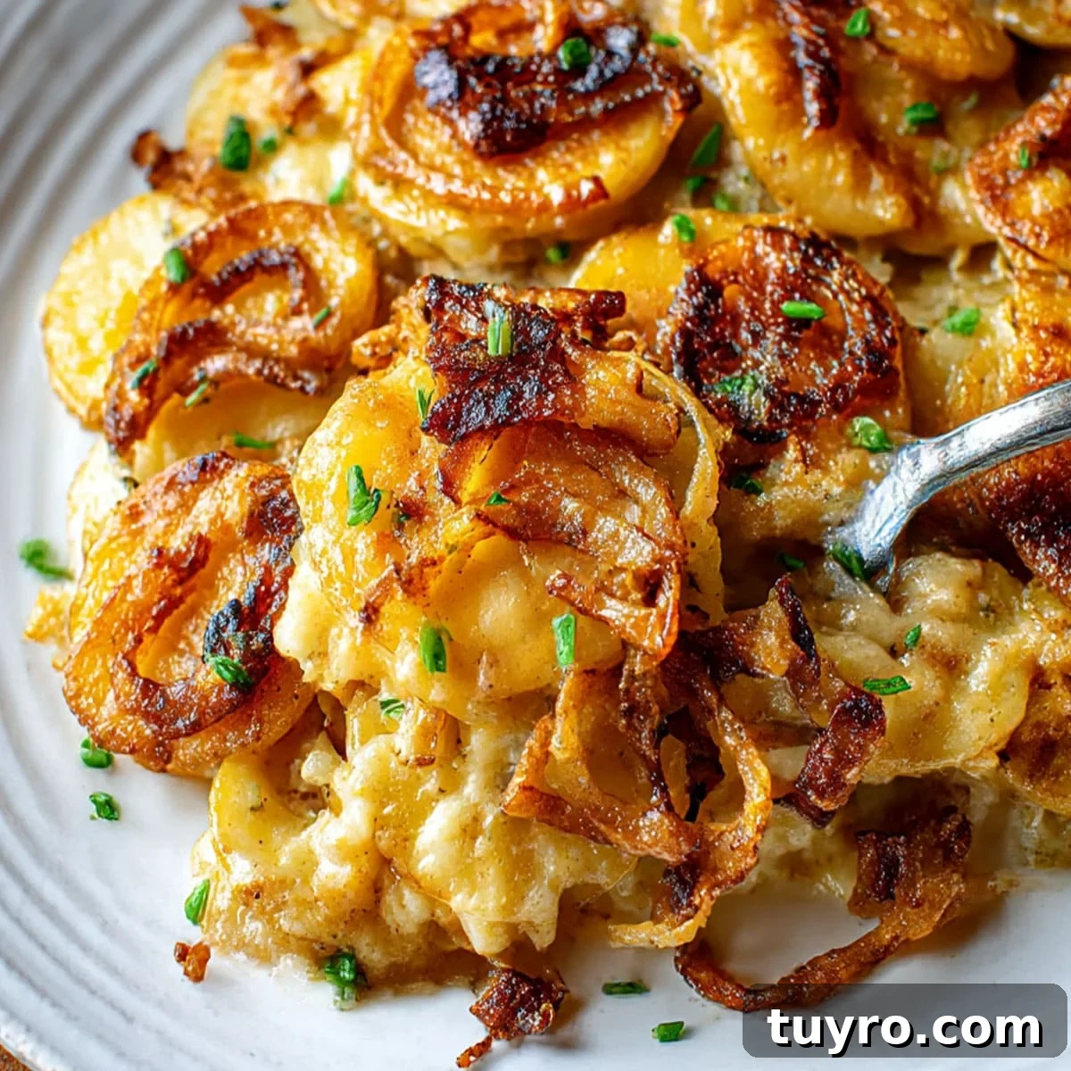 Overhead shot of a baked crispy fried onion scalloped potatoes recipe topped with fresh thyme and golden onion rings