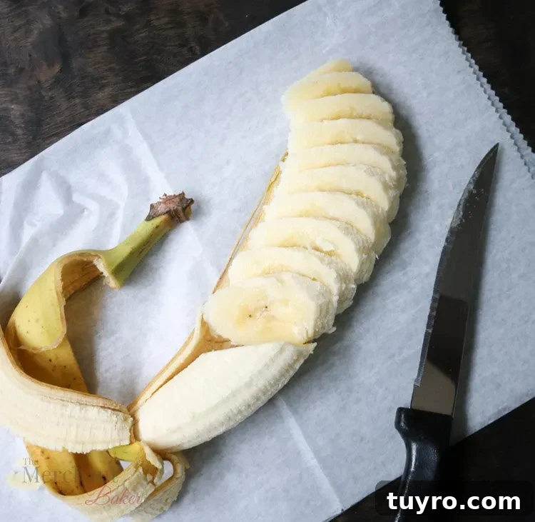Overhead view of sliced banana
