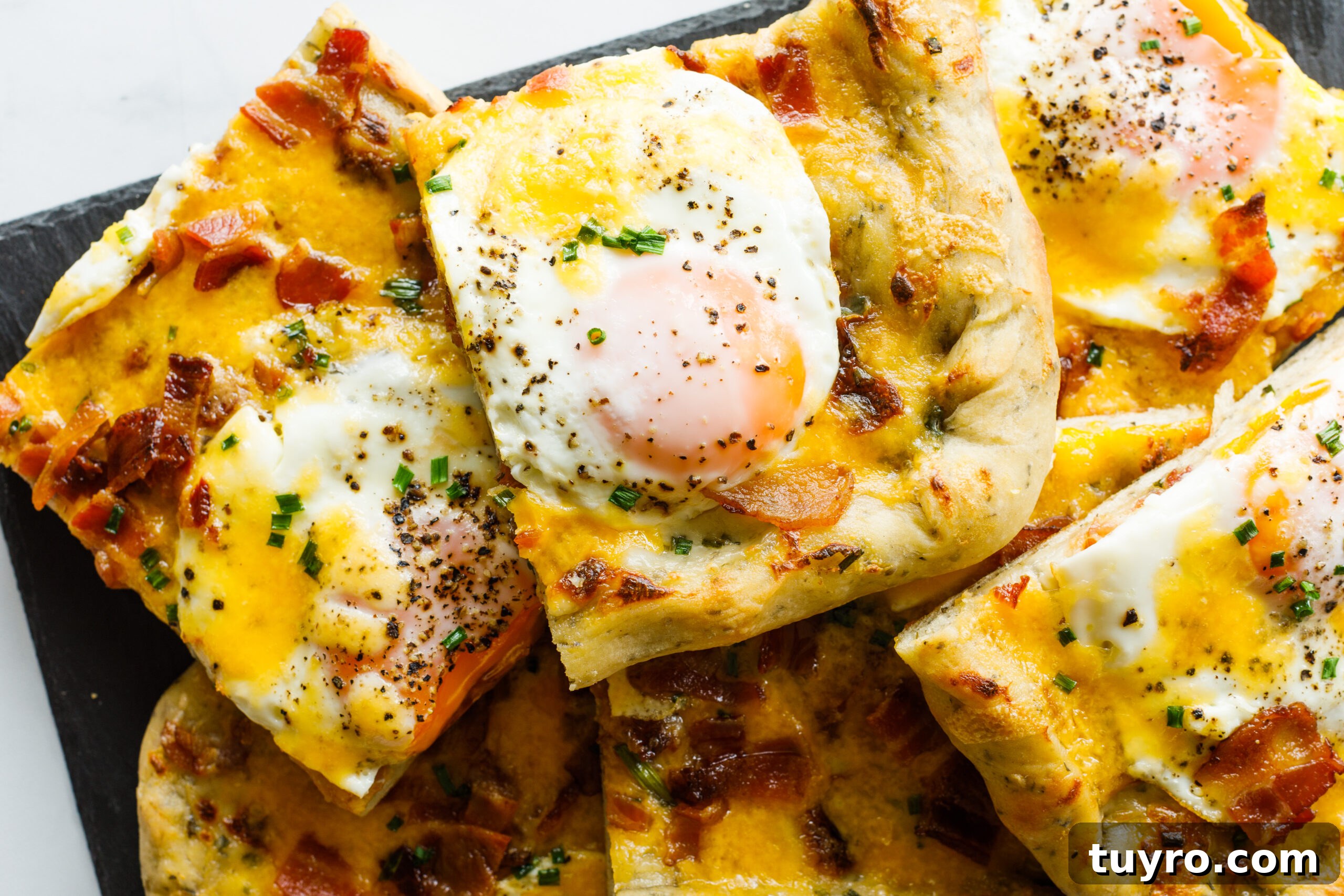 A close-up of the Easy Bacon and Egg Pizza