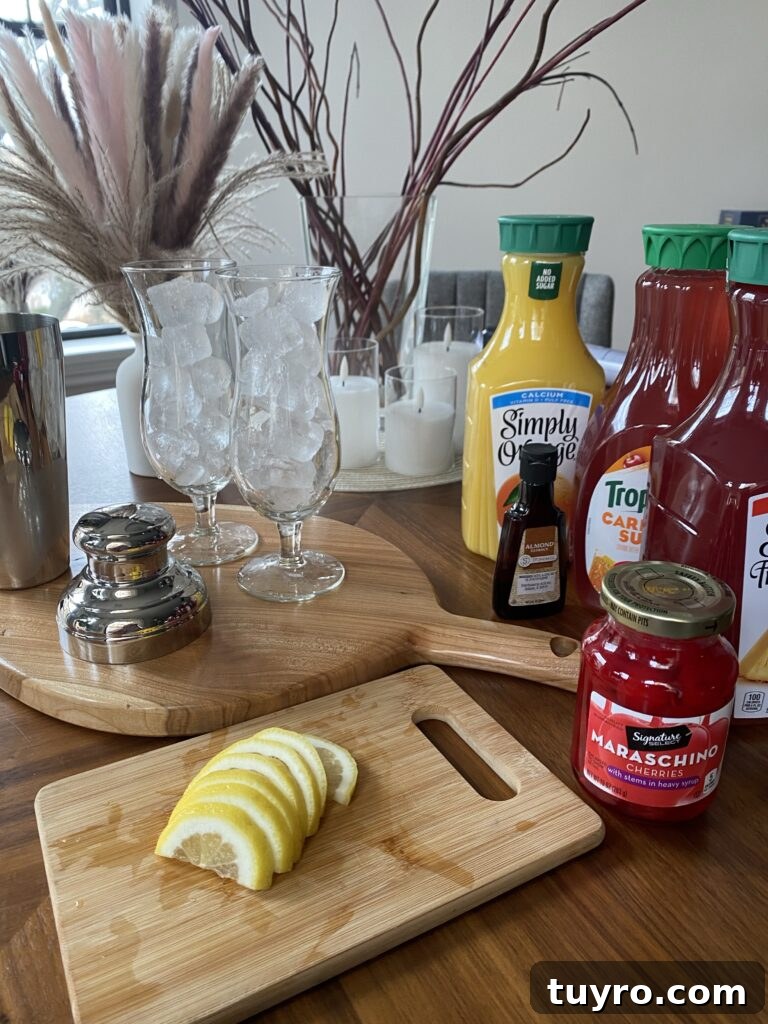Mardi Gras Hurricane Mocktail Recipe — Festive Non-Alcoholic Drink 5 Lemon slices and a jar of maraschino cherries