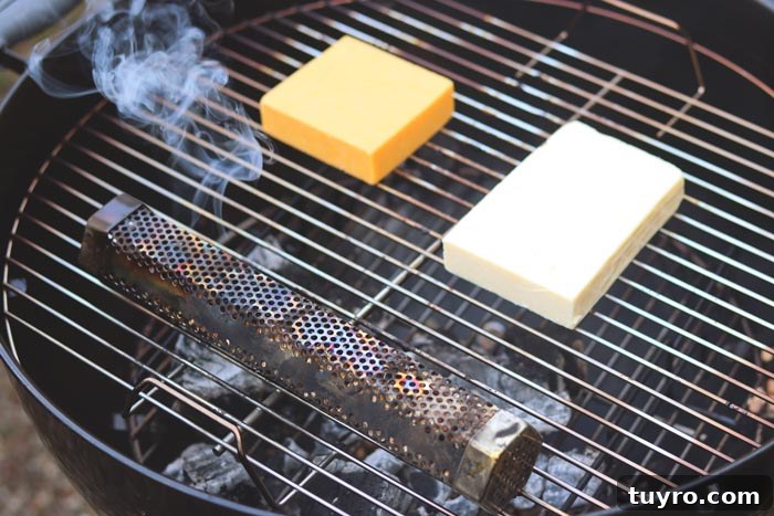 Cold Smoking Cheese: Complete Guide to Safe, Flavorful Results 5 red leicester and cheddar cheese during cold smoking process on charcoal grill grates