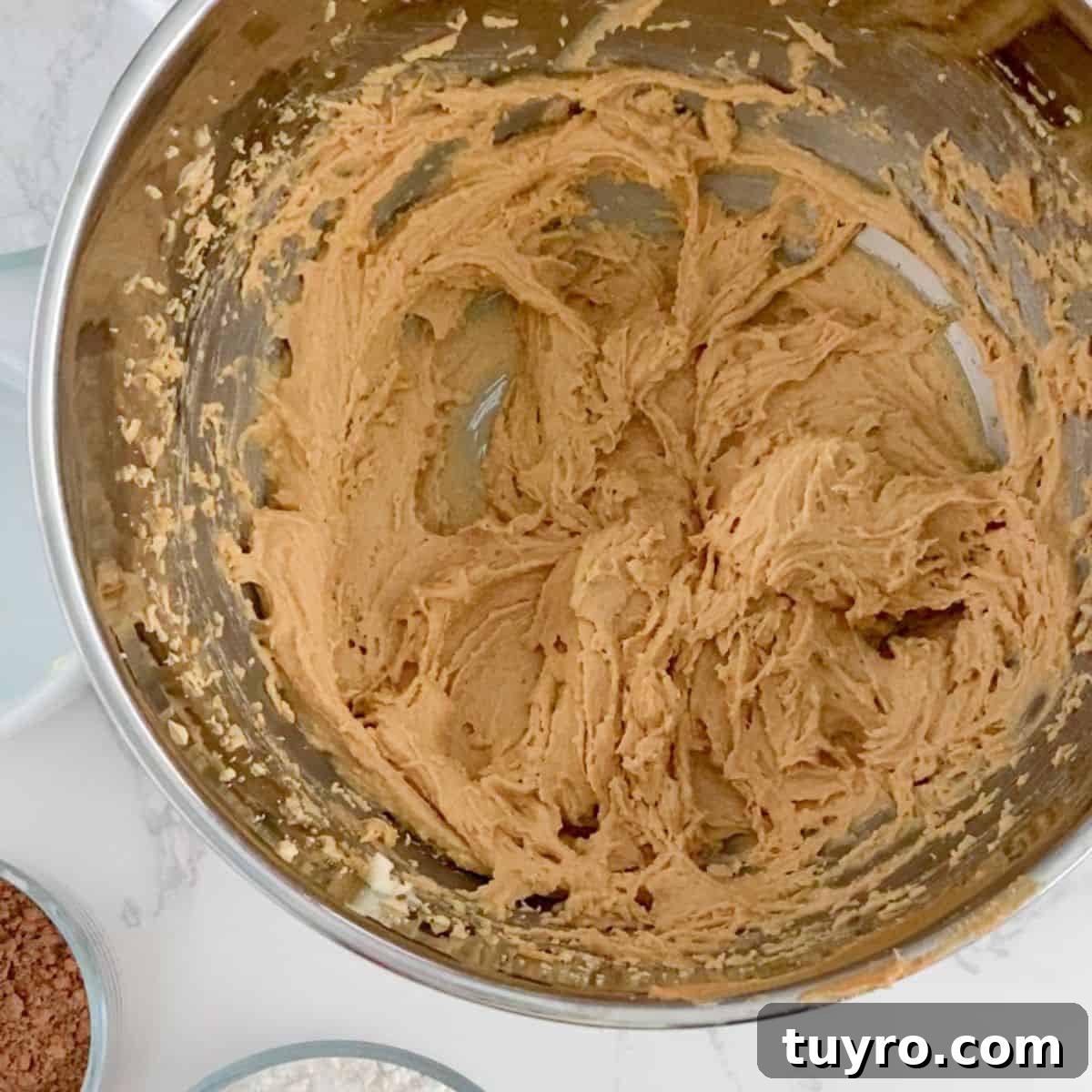 Chewy Chocolate Peanut Butter Cookies Recipe 5 peanut butter, butter, sugar and vanilla in a bowl.