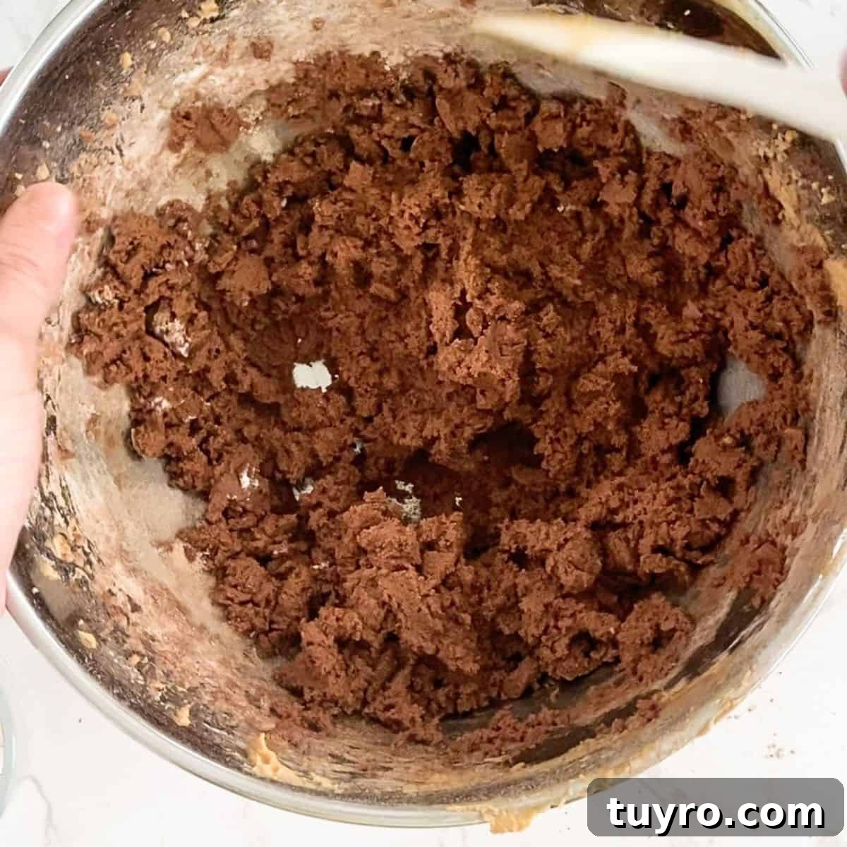 Chewy Chocolate Peanut Butter Cookies Recipe 6 chocolate peanut butter cookie dough in a bowl.