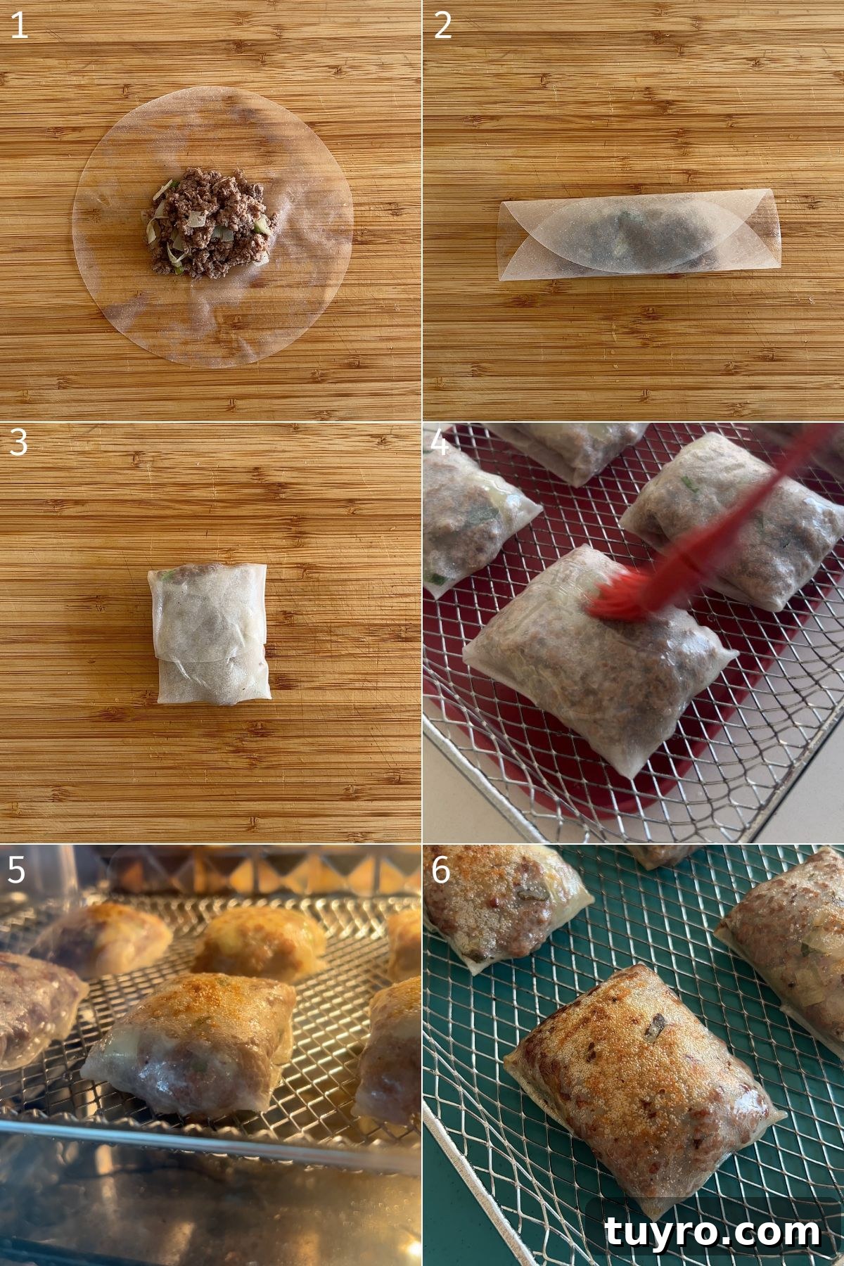 wrapping rice paper dumplings and cooking on a air fryer basket