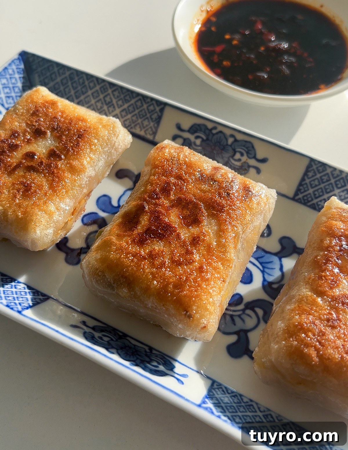 golden crispy rice paper dumplings on a blue plate